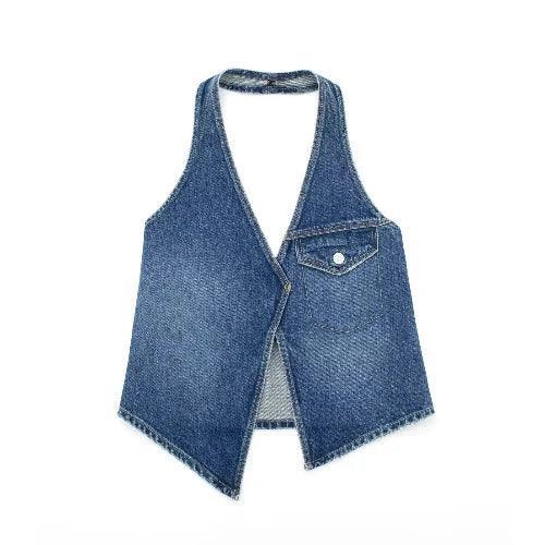 Halter Backless Light Washed Denim Top - SHExFAB