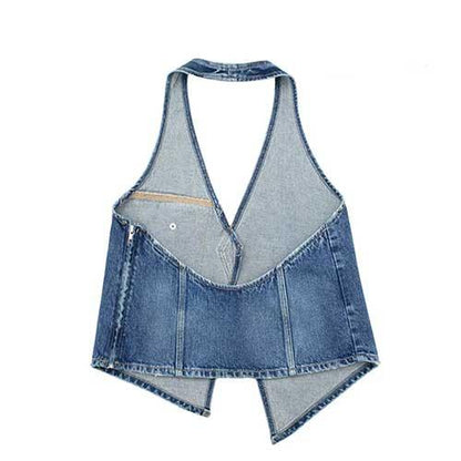 Halter Backless Light Washed Denim Top - SHExFAB