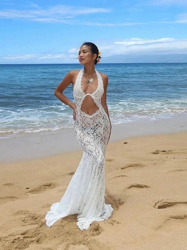 Halter Backless Mermaid White Maxi Dress - SHExFAB