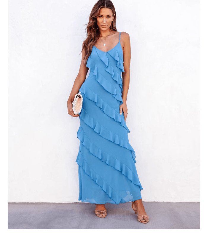 Halter Backless Ruffle Layer Maxi Dress - SHExFAB