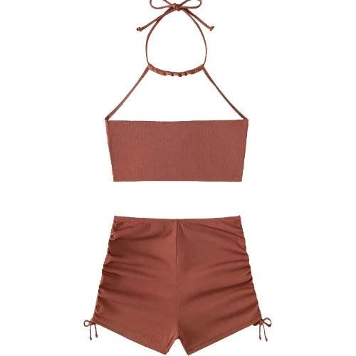 Halter Drawstring 2 Piece Swimsuit with Shorts - SHExFAB