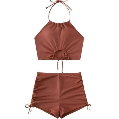 Halter Drawstring 2 Piece Swimsuit with Shorts - SHExFAB