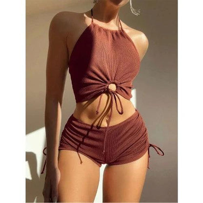 Halter Drawstring 2 Piece Swimsuit with Shorts - SHExFAB