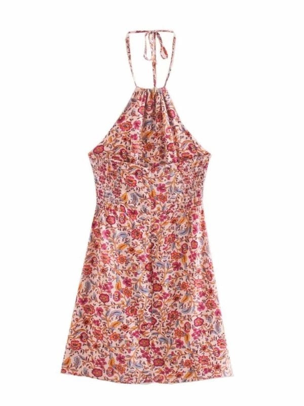 Halter Elastic Back Mini Floral Dress - SHExFAB