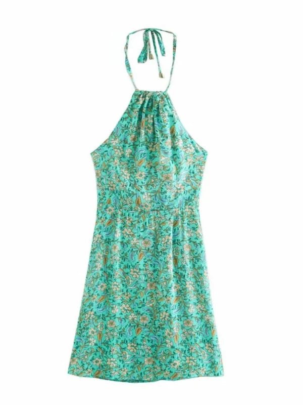 Halter Elastic Back Mini Floral Dress - SHExFAB