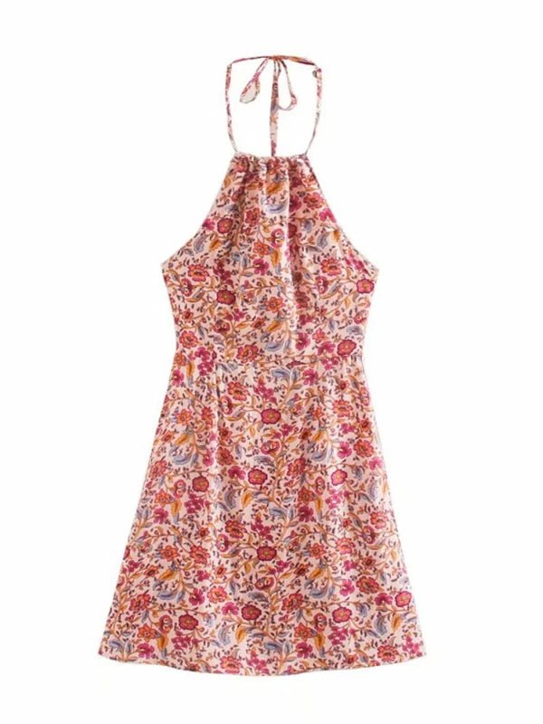 Halter Elastic Back Mini Floral Dress - SHExFAB