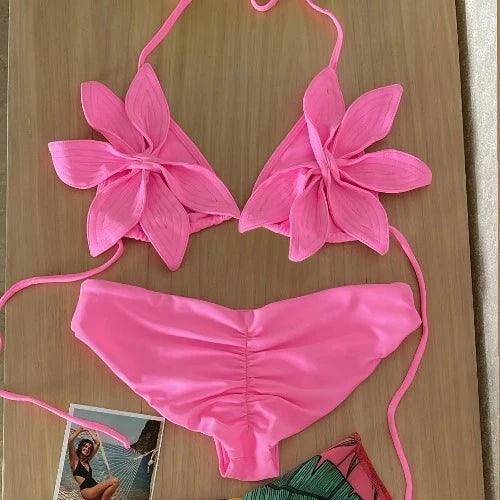 Halter Flower Tie Back Bikini and Bottom 2 Piece Swimsuit - SHExFAB