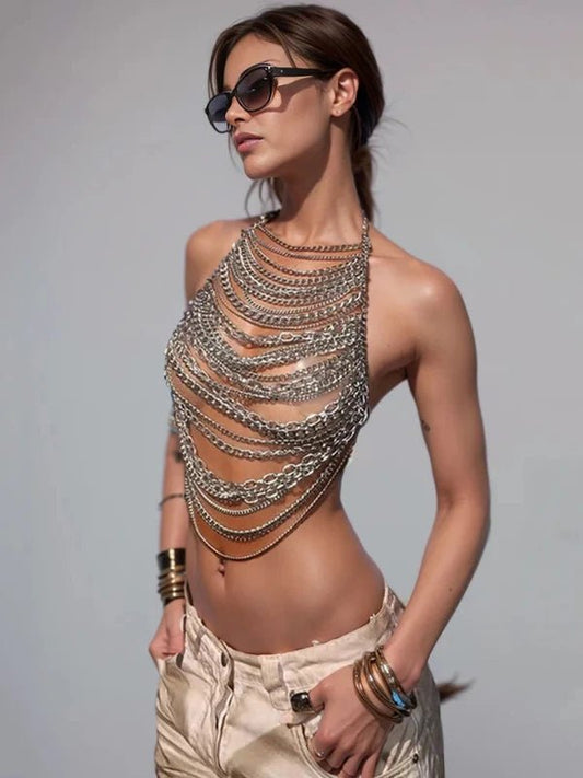 Halter See - Through Backless Chain Crop Top - SHExFAB