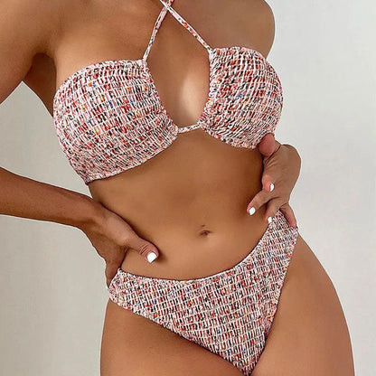 Halter Tie - Up Smocked Two Piece Bikini Swimsuit - SHExFAB