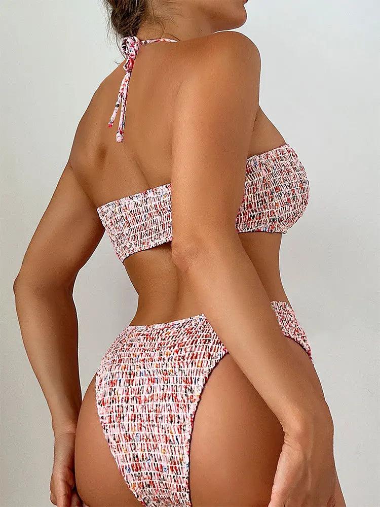 Halter Tie - Up Smocked Two Piece Bikini Swimsuit - SHExFAB