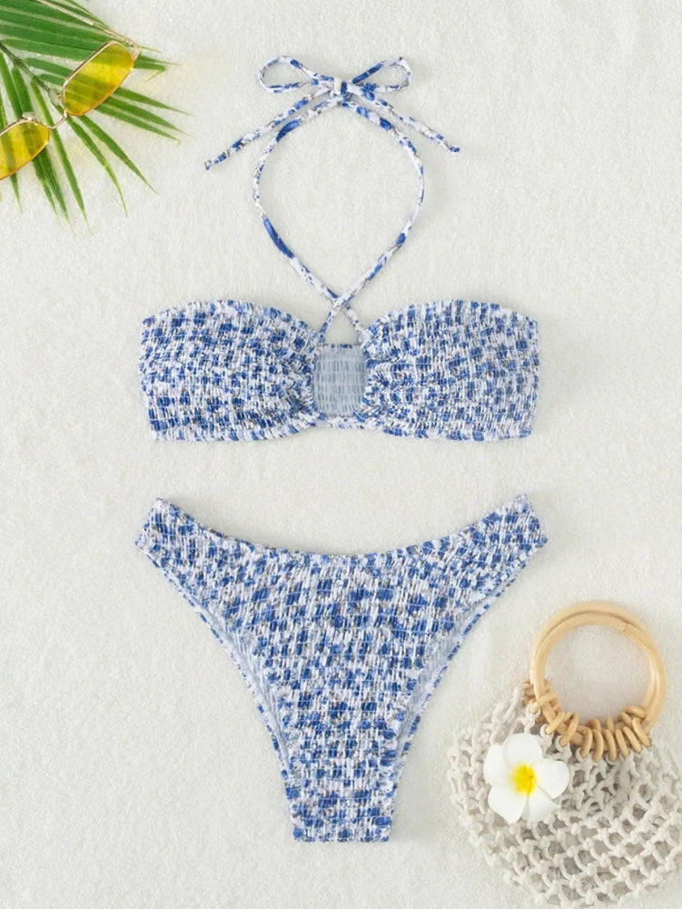 Halter Tie - Up Smocked Two Piece Bikini Swimsuit - SHExFAB