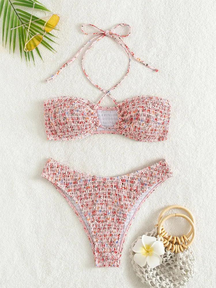 Halter Tie - Up Smocked Two Piece Bikini Swimsuit - SHExFAB