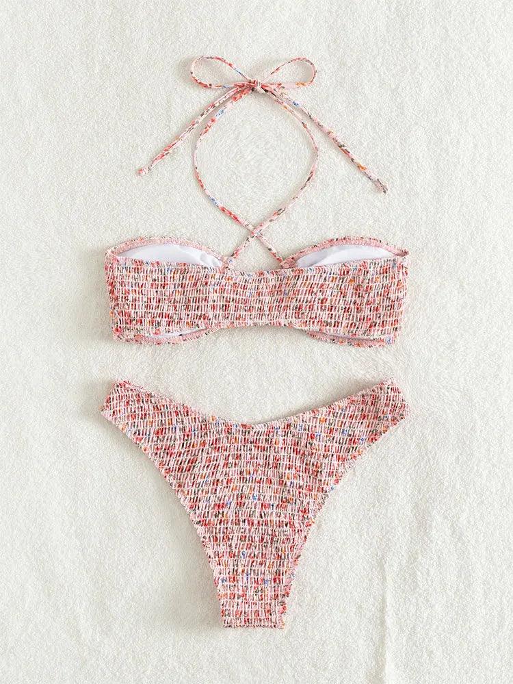 Halter Tie - Up Smocked Two Piece Bikini Swimsuit - SHExFAB