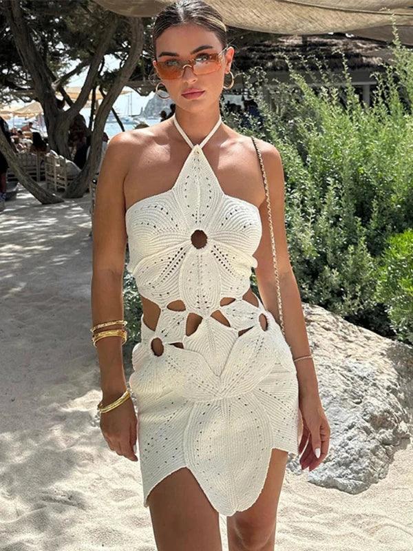 Halter White Knitted Flower Backless Summer Dress - SHExFAB