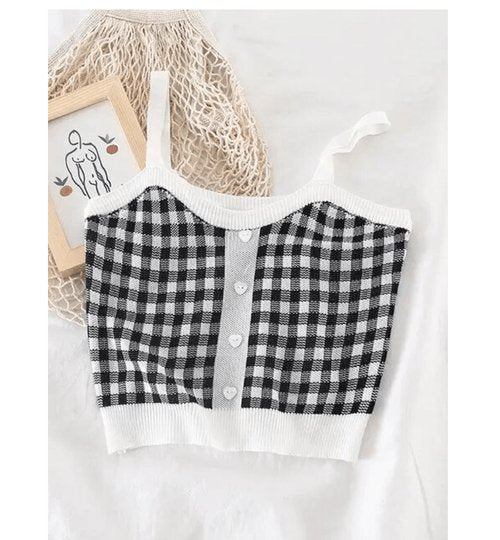 Heart Button Plaid Crop Top - SHExFAB