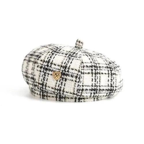 Heart Charm Plaid Beret Hat - SHExFAB