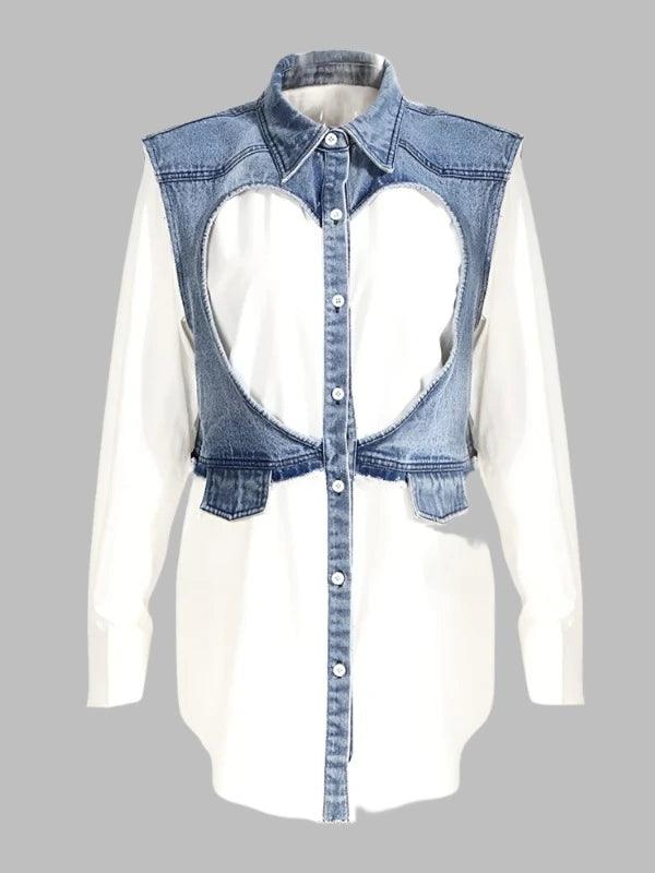 Heart Cut Out Long Sleeve Denim Patchwork Shirt - SHExFAB