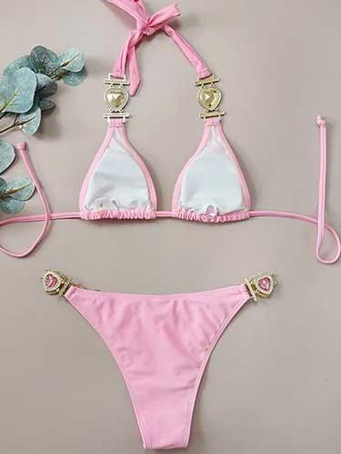 Heart Rhinestone Pink Two Piece Bathing Suit - SHExFAB