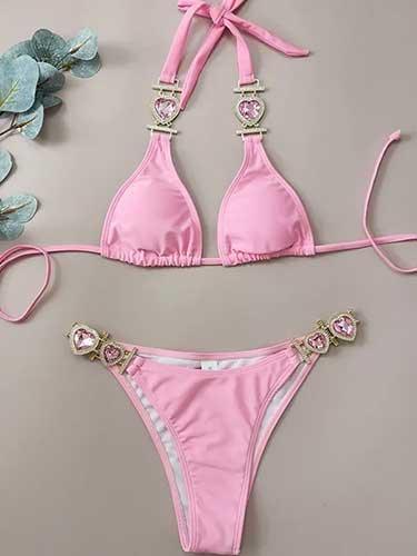 Heart Rhinestone Pink Two Piece Bathing Suit - SHExFAB