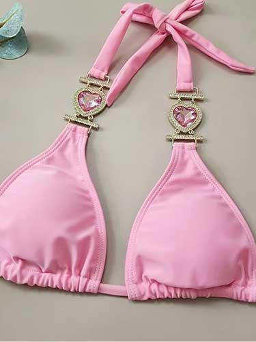 Heart Rhinestone Pink Two Piece Bathing Suit - SHExFAB