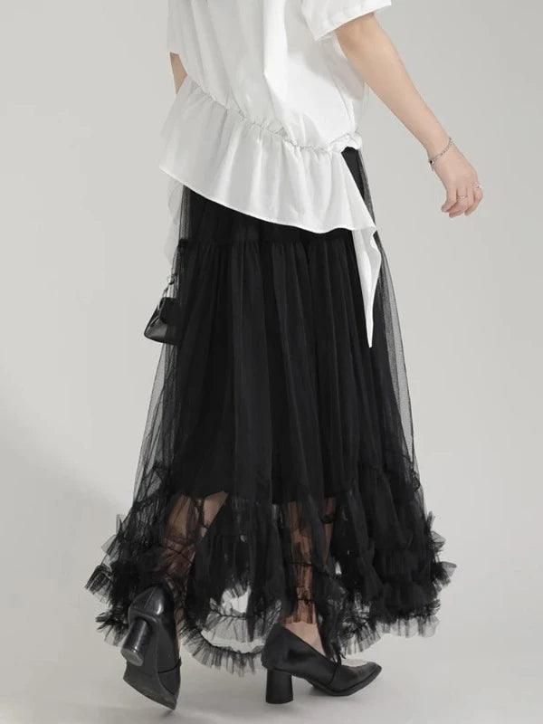 High Elastic Waist A - Line Mesh Ruffle Swing Skirt - SHExFAB