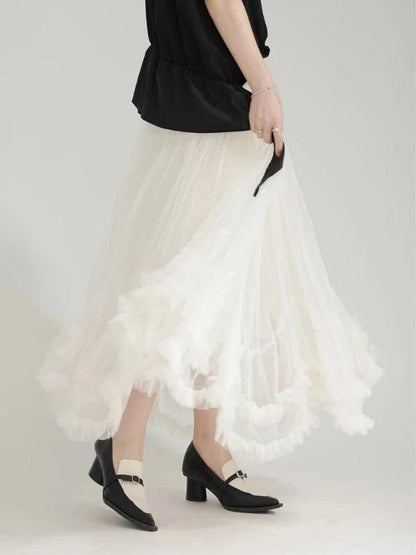 High Elastic Waist A - Line Mesh Ruffle Swing Skirt - SHExFAB