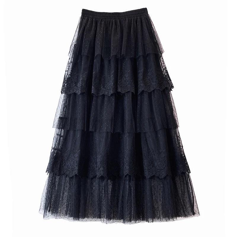 High Waist A Line Mesh Tiered Long Tulle Skirt - SHExFAB