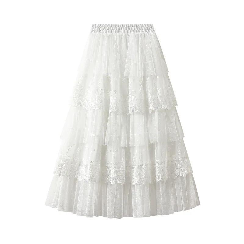 High Waist A Line Mesh Tiered Long Tulle Skirt - SHExFAB