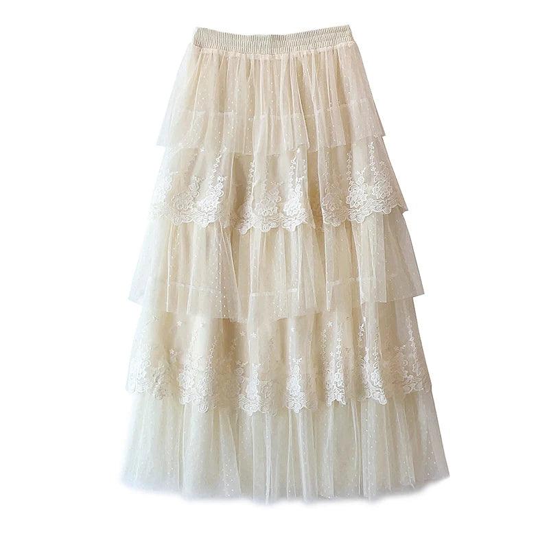 High Waist A Line Mesh Tiered Long Tulle Skirt - SHExFAB