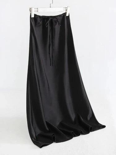 High Waist Lace Up Maxi Satin Skirt - SHExFAB