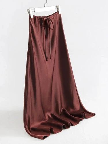 High Waist Lace Up Maxi Satin Skirt - SHExFAB