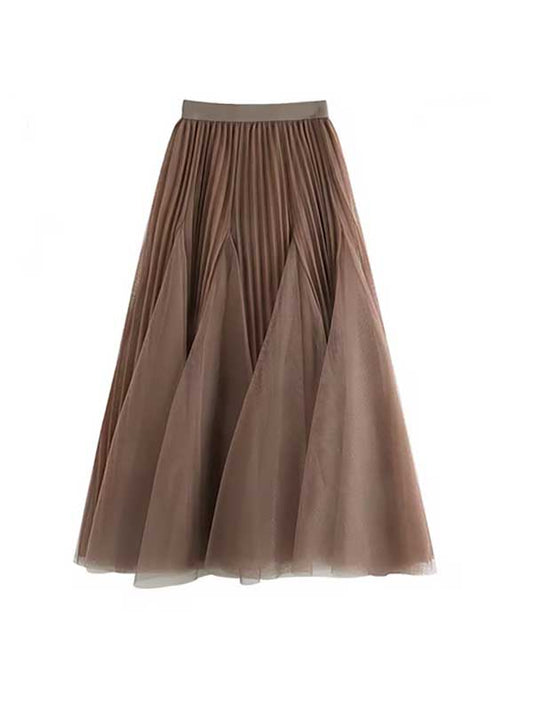 High Waist Long Swing Mesh Pleated Skirt - SHExFAB