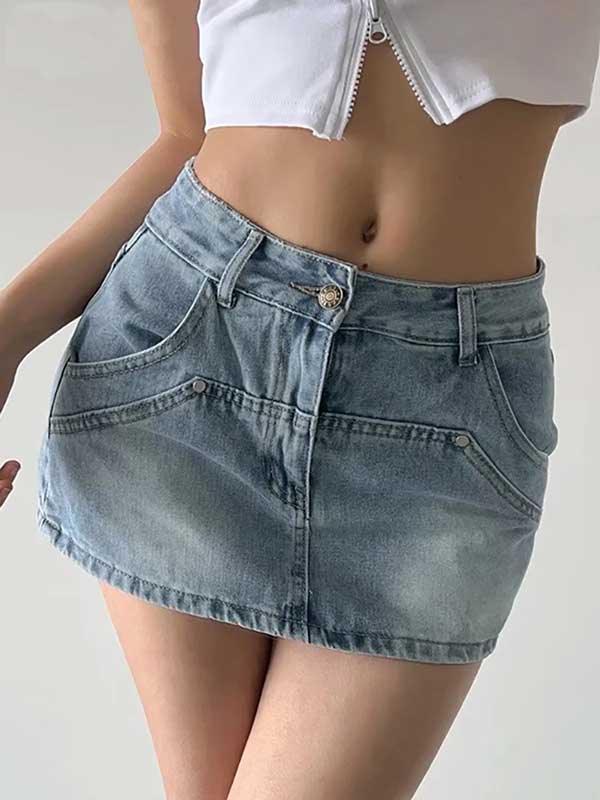 High Waist Pocket Washed Denim Mini Skirt - SHExFAB