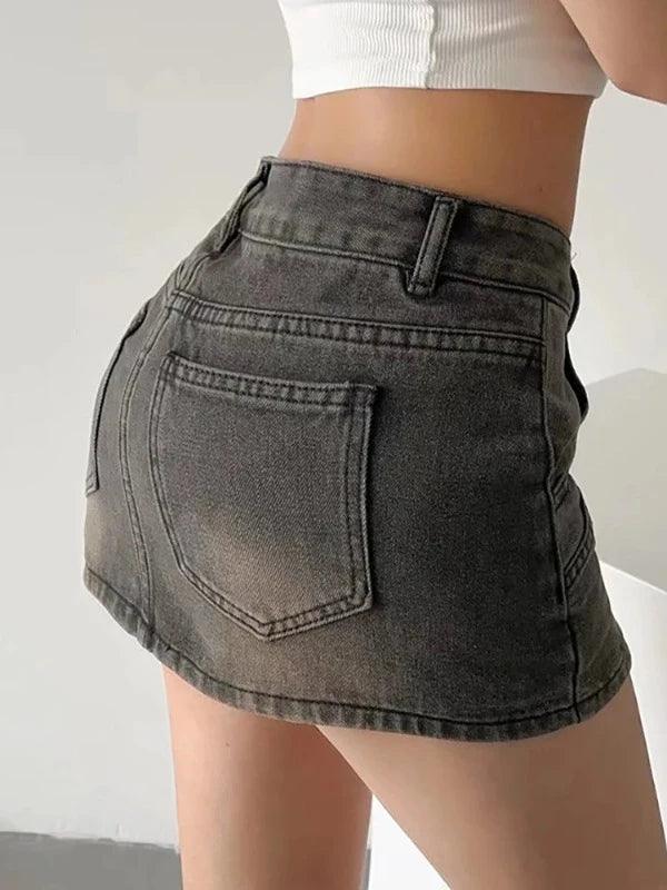 High Waist Pocket Washed Denim Mini Skirt - SHExFAB