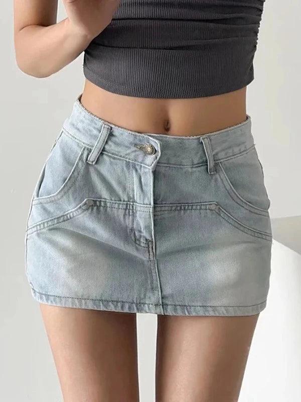 High Waist Pocket Washed Denim Mini Skirt - SHExFAB