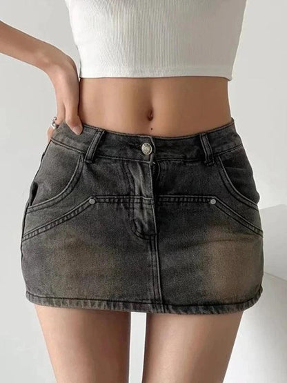 High Waist Pocket Washed Denim Mini Skirt - SHExFAB