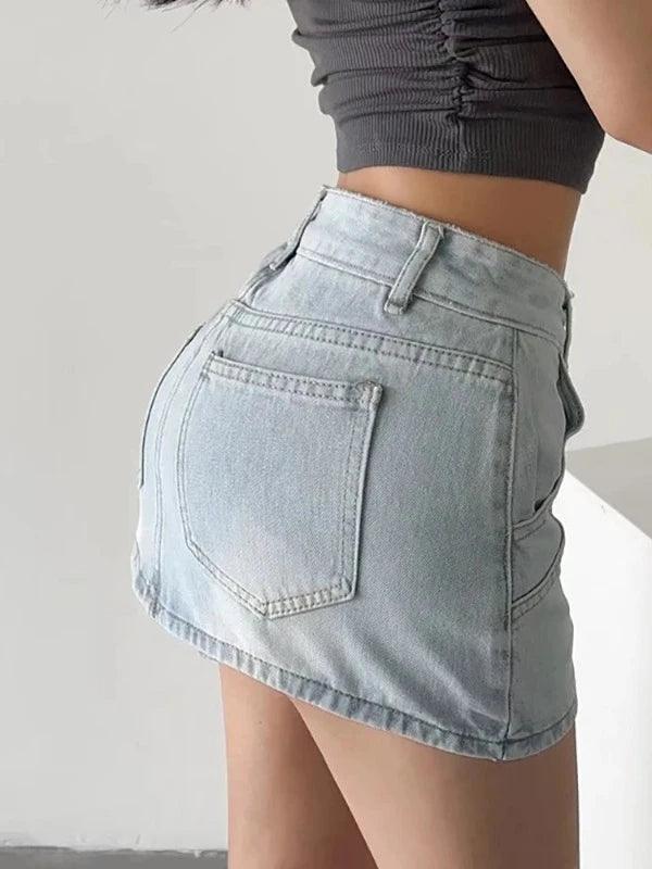 High Waist Pocket Washed Denim Mini Skirt - SHExFAB