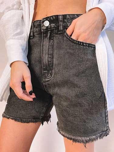 High Waist Ripped Long Denim Shorts - SHExFAB