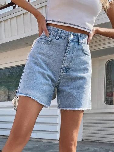 High Waist Ripped Long Denim Shorts - SHExFAB