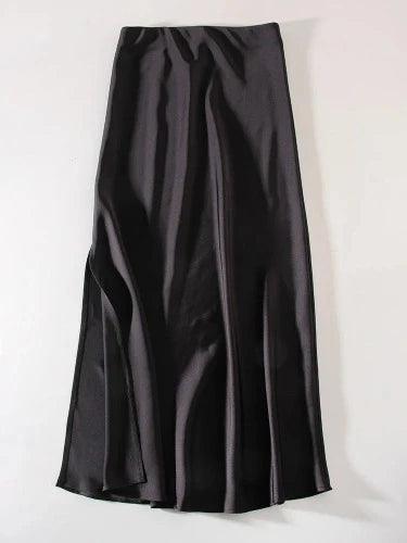 High Waist Side Slit Satin Long Pencil Skirt - SHExFAB