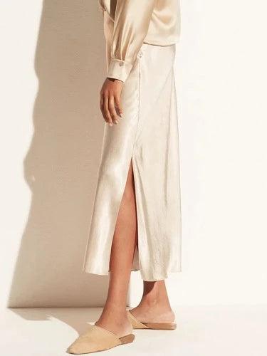 High Waist Side Slit Satin Long Pencil Skirt - SHExFAB