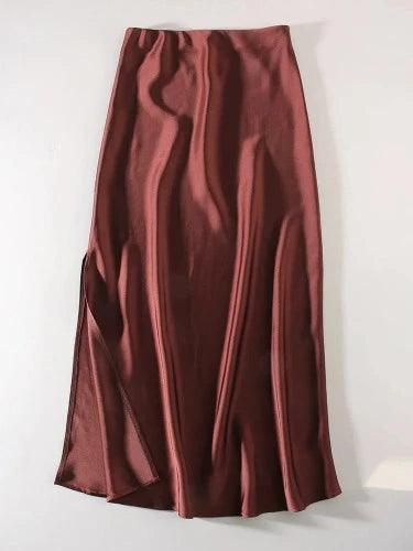 High Waist Side Slit Satin Long Pencil Skirt - SHExFAB