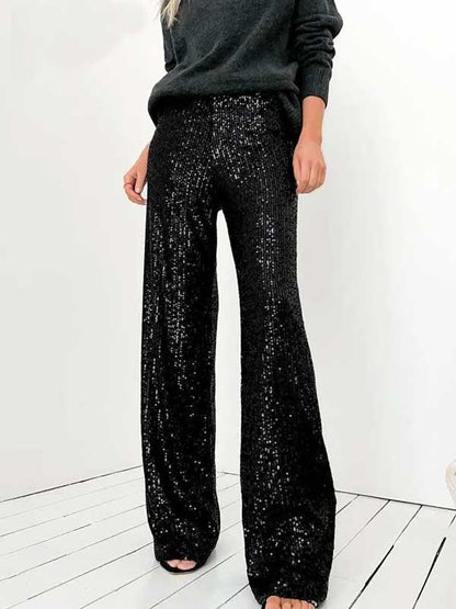 High Waist Straight Dressy Sequin Trousers - SHExFAB