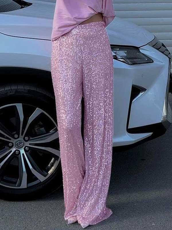 High Waist Straight Dressy Sequin Trousers - SHExFAB