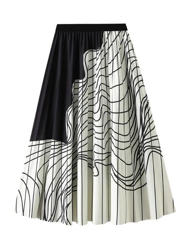 High Waist Striped Retro Long Pleated Skirt - SHExFAB