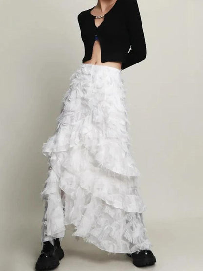 High Waist White Irregular Layered Tassel Maxi Skirt - SHExFAB