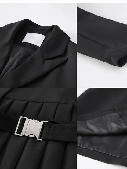 Irregular Length Long Black Suit Blazer with Belt - SHExFAB