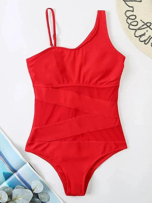 Irregular Strap Mesh Bandage One - Piece Bathing Suit - SHExFAB