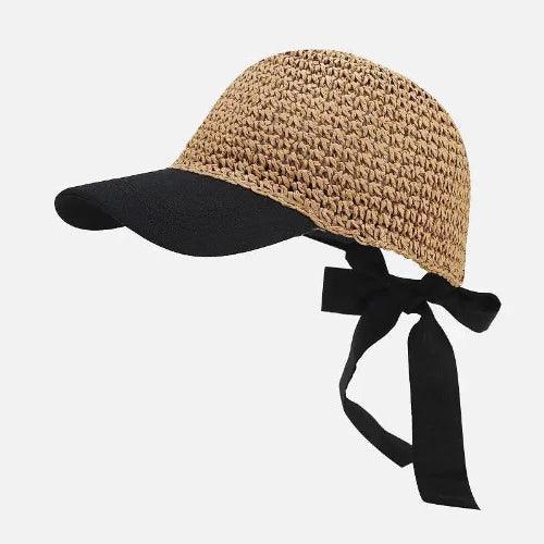 Lace - Up Black Bow Straw Sun Hat - SHExFAB