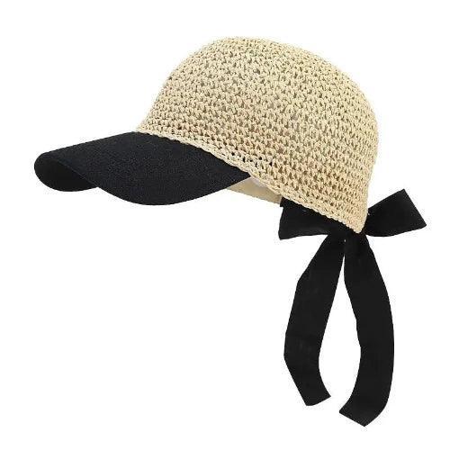 Lace - Up Black Bow Straw Sun Hat - SHExFAB